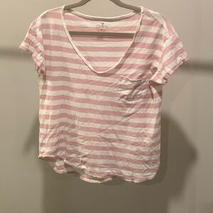 Scoop Neck White and Pink Striped Short Sleeve Tee